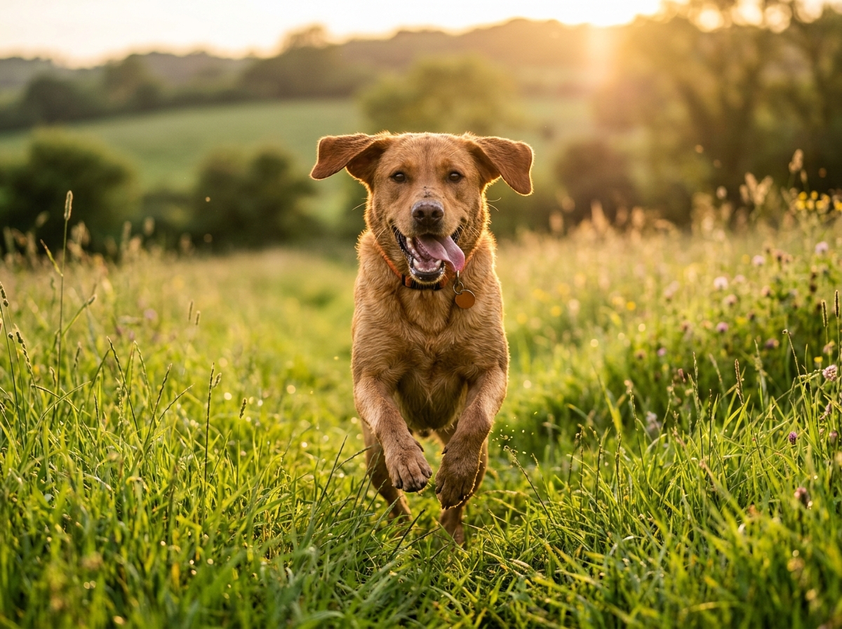 A joyful healthy dog running in warm golden light