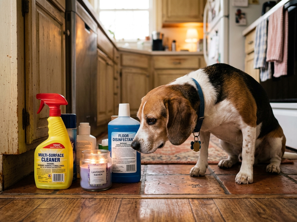 Dog near common household products