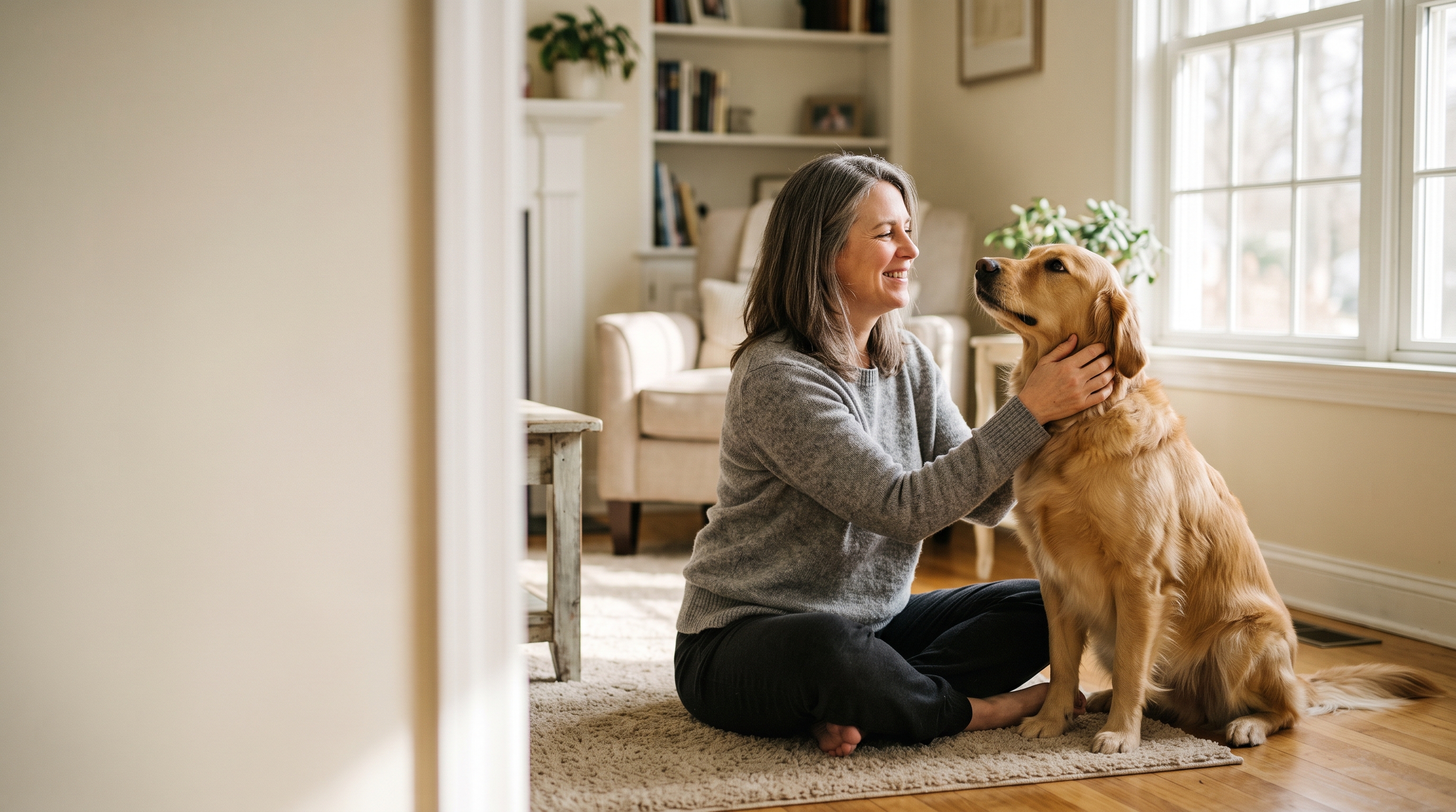 A dog parent sitting at home with her healthy adult golden retriever looking up at her in warm natural light