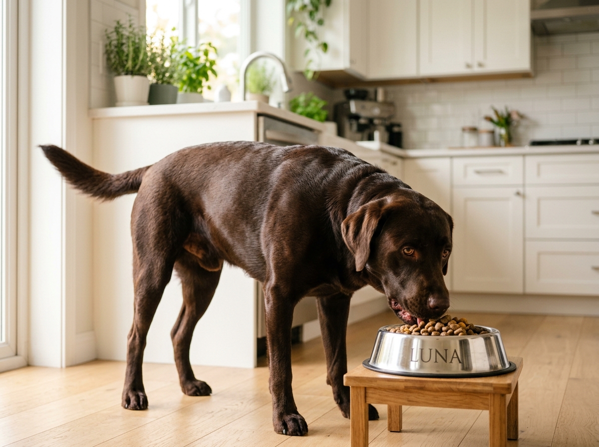 Healthy dog eating from a clean bowl