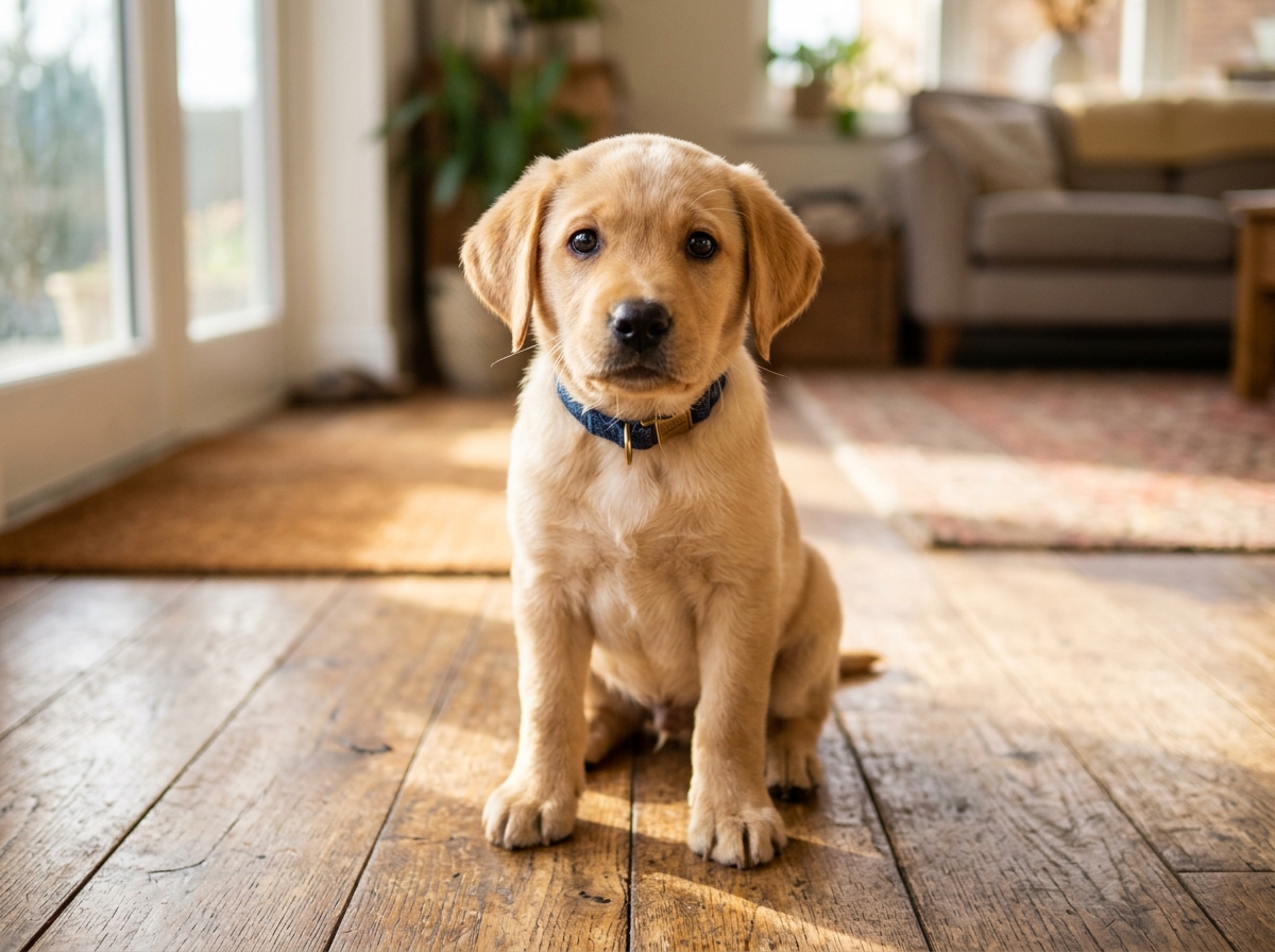 A healthy labrador puppy at home